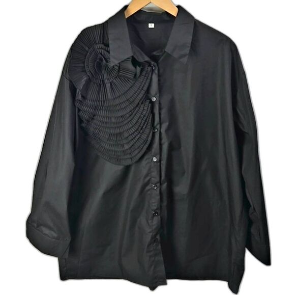 Source Unknown Tops - Womens Long Sleeve Art Deco Black Flower Oversize Button Dress Shirt Sz L